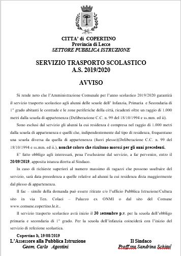 AVVISO SERVIZIO TRASPORTO SCOLASTICO  A.S. 2019/2020